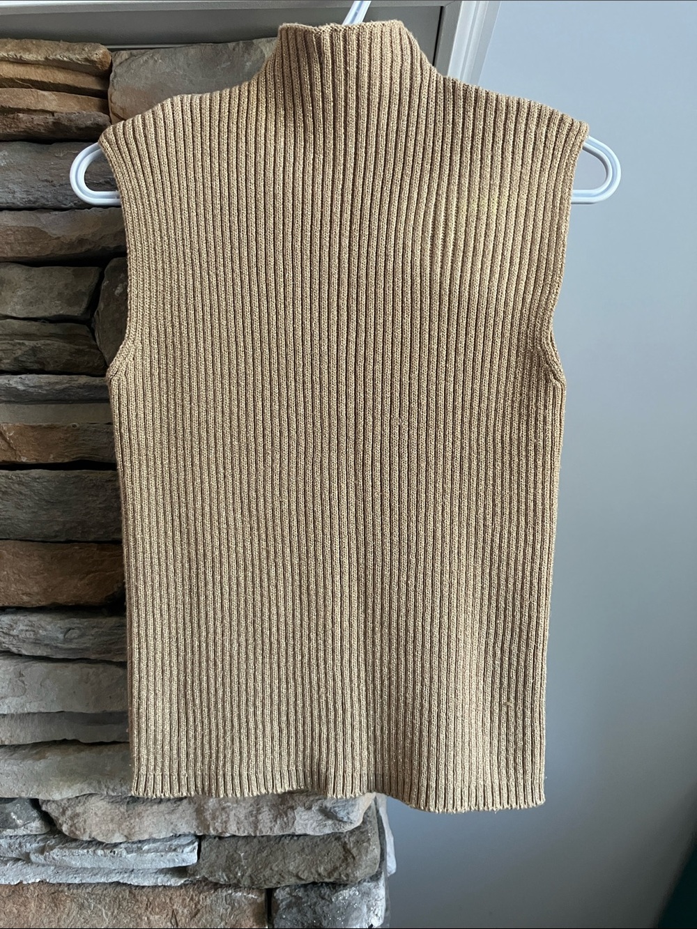 Ribbed Sleeveless Mock Neck Tank Top in Camel